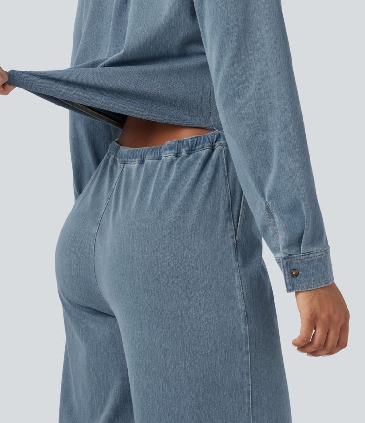 Combinaison denim délavé Halara Flex™ jambes larges manches longues avec cordon de serrage et poches - Édition Easy Peezy