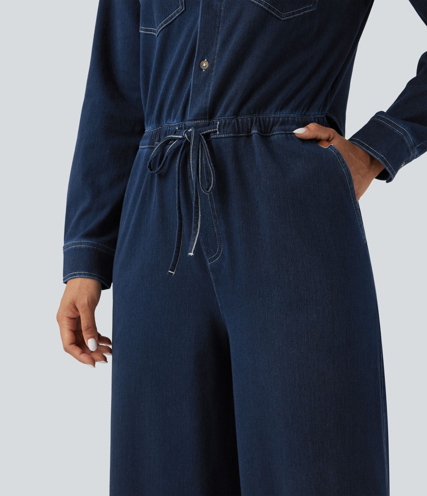 Halara Flex™ - Lässiger Jumpsuit aus gewaschenem Denim mit mehreren Taschen, Kordelzug und weitem Bein - Easy Peezy Edition