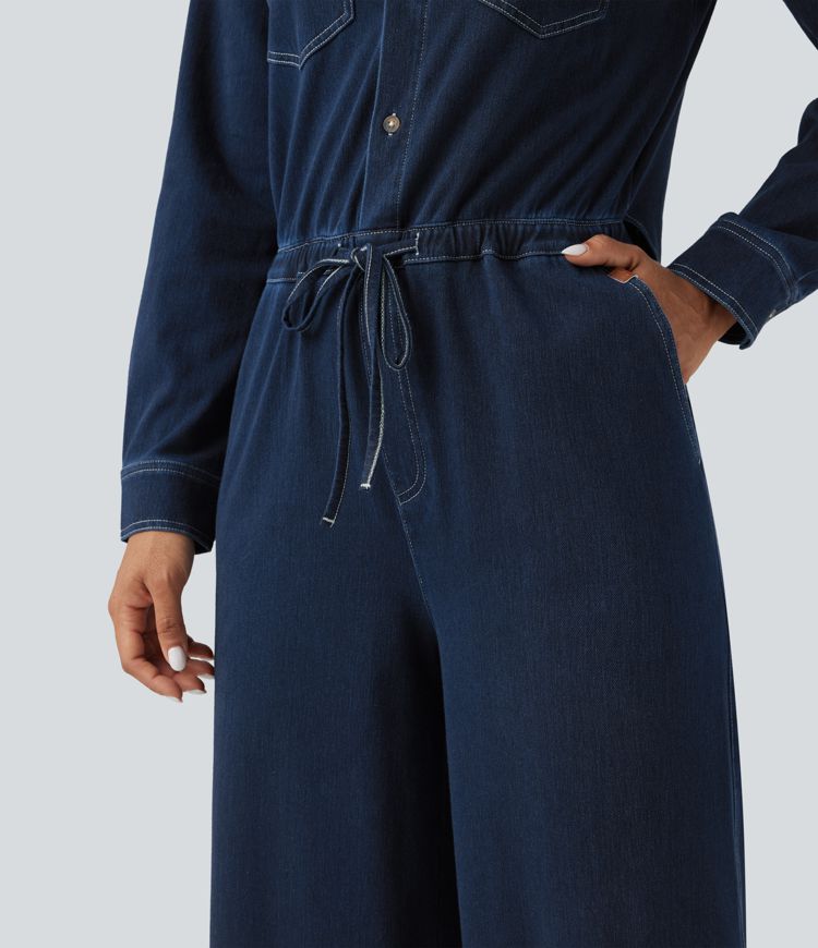 Halara Flex™ - Lässiger Jumpsuit aus gewaschenem Denim mit mehreren Taschen, Kordelzug und weitem Bein - Easy Peezy Edition