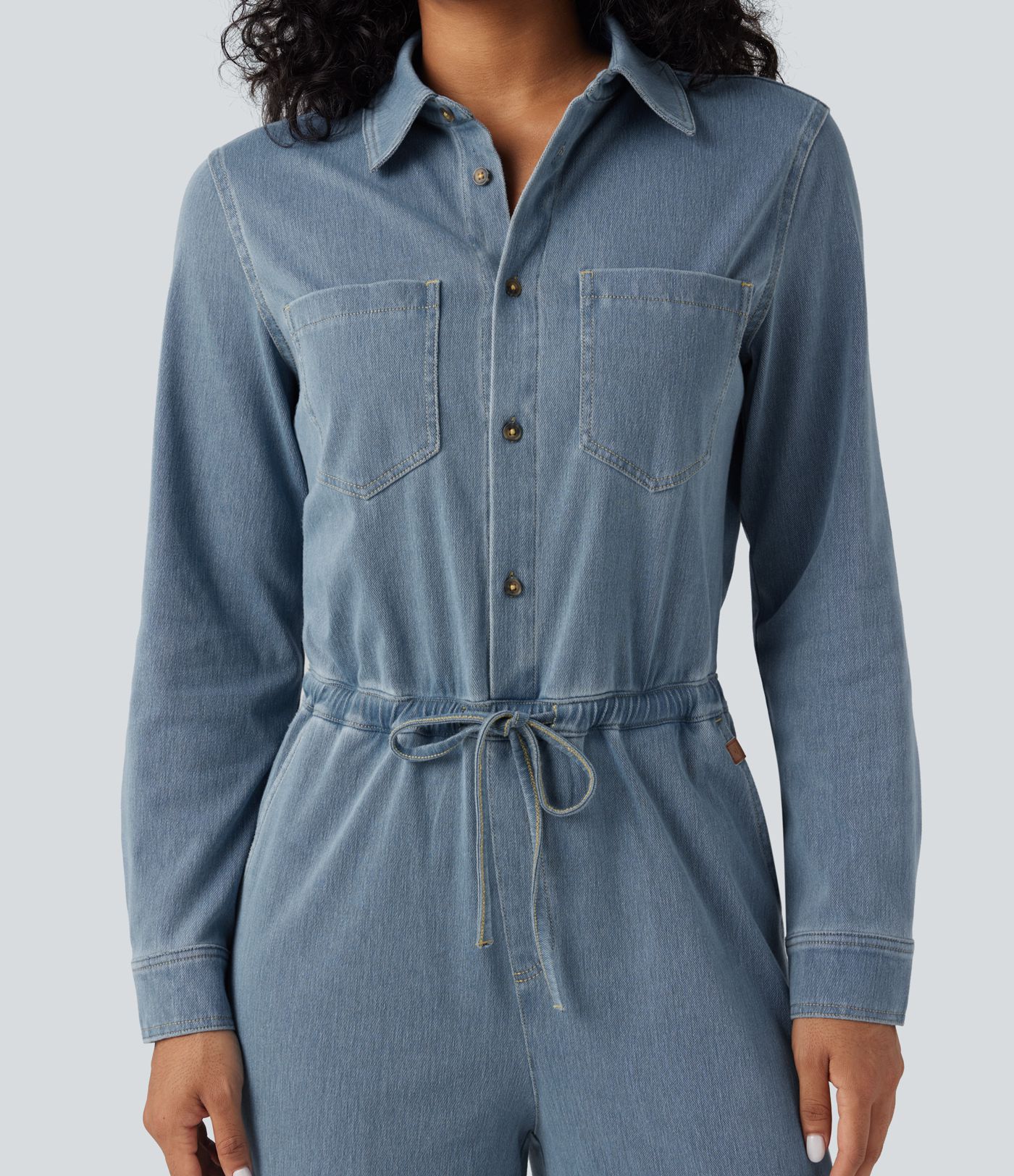 Halara Flex™ Long Sleeve Drawstring Wide Leg Washed Denim Casual Jumpsuit with Pockets-Easy Peezy Edition