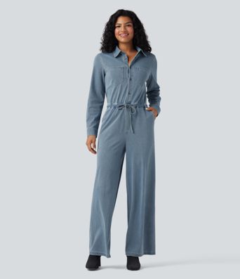 Halara Flex™ Long Sleeve Drawstring Wide Leg Washed Denim Casual Jumpsuit with Pockets-Easy Peezy Edition