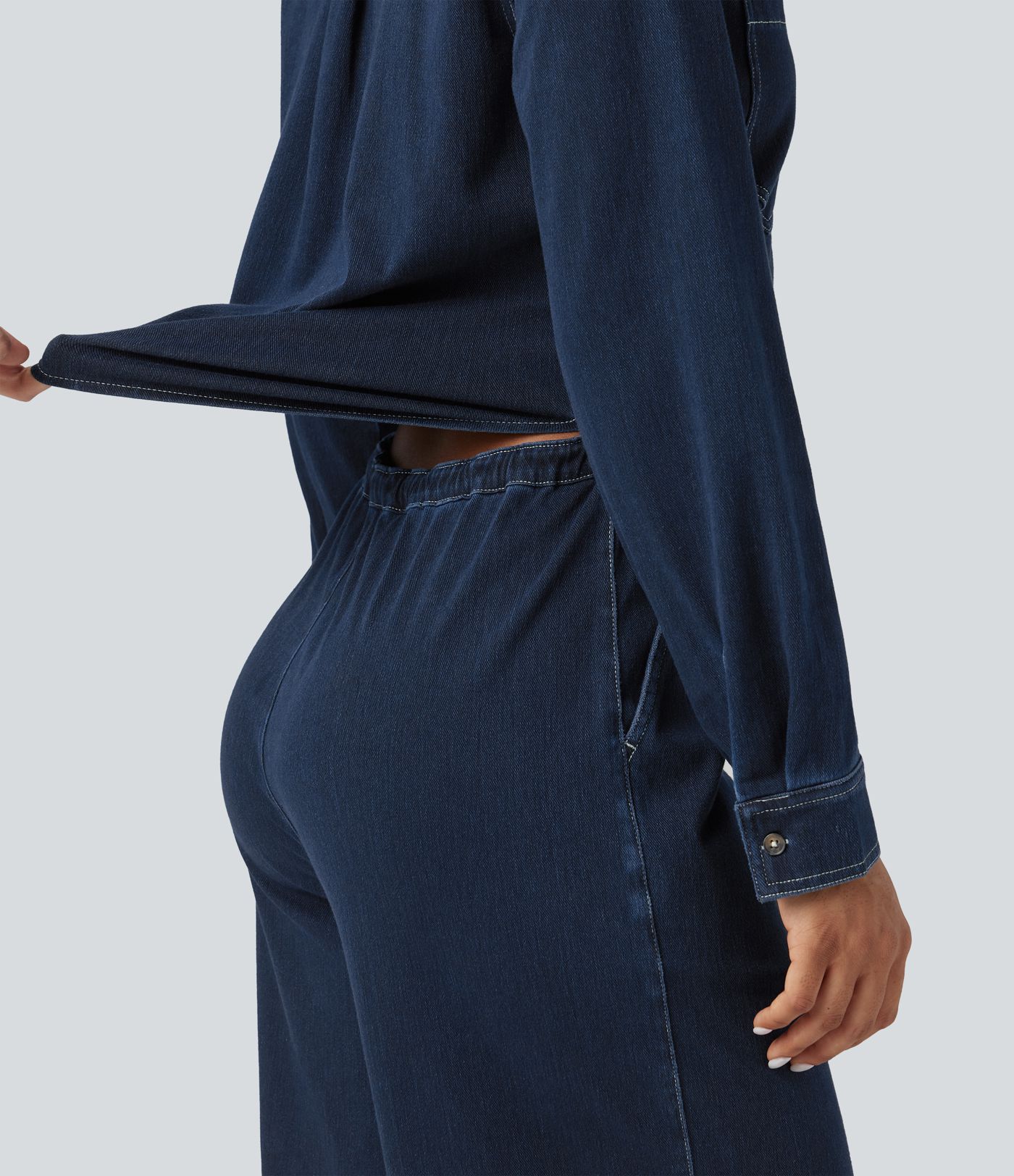 Halara Flex™ - Lässiger Jumpsuit aus gewaschenem Denim mit mehreren Taschen, Kordelzug und weitem Bein - Easy Peezy Edition