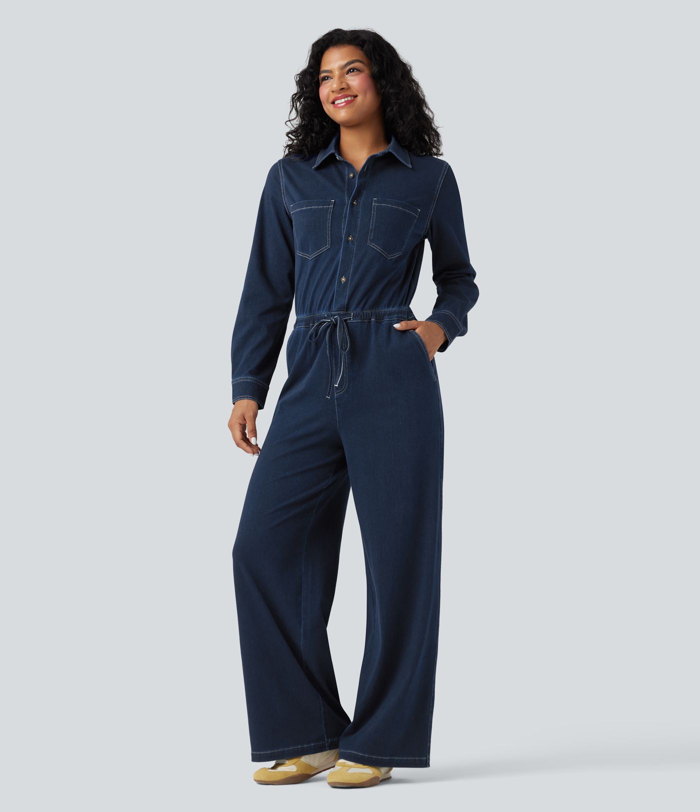 Halara Flex™ - Lässiger Jumpsuit aus gewaschenem Denim mit mehreren Taschen, Kordelzug und weitem Bein - Easy Peezy Edition