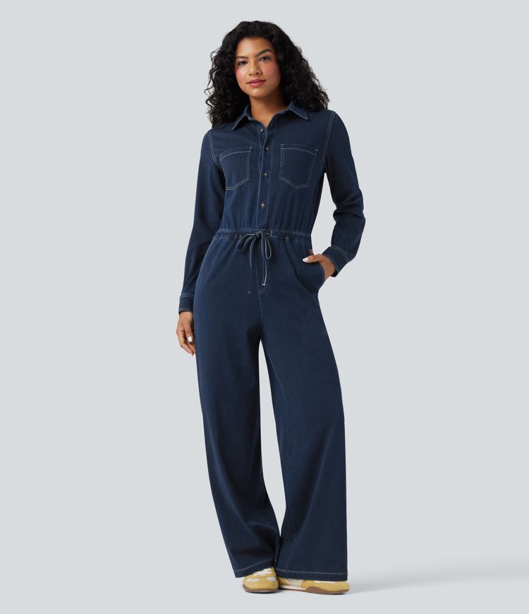 Halara Flex™ - Lässiger Jumpsuit aus gewaschenem Denim mit mehreren Taschen, Kordelzug und weitem Bein - Easy Peezy Edition