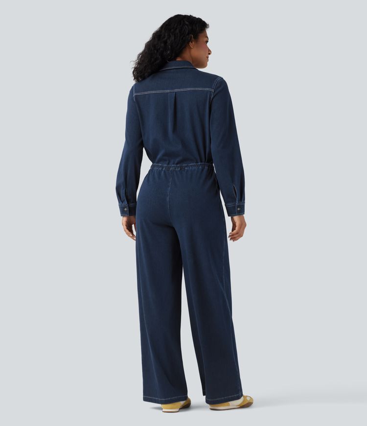 Halara Flex™ - Lässiger Jumpsuit aus gewaschenem Denim mit mehreren Taschen, Kordelzug und weitem Bein - Easy Peezy Edition