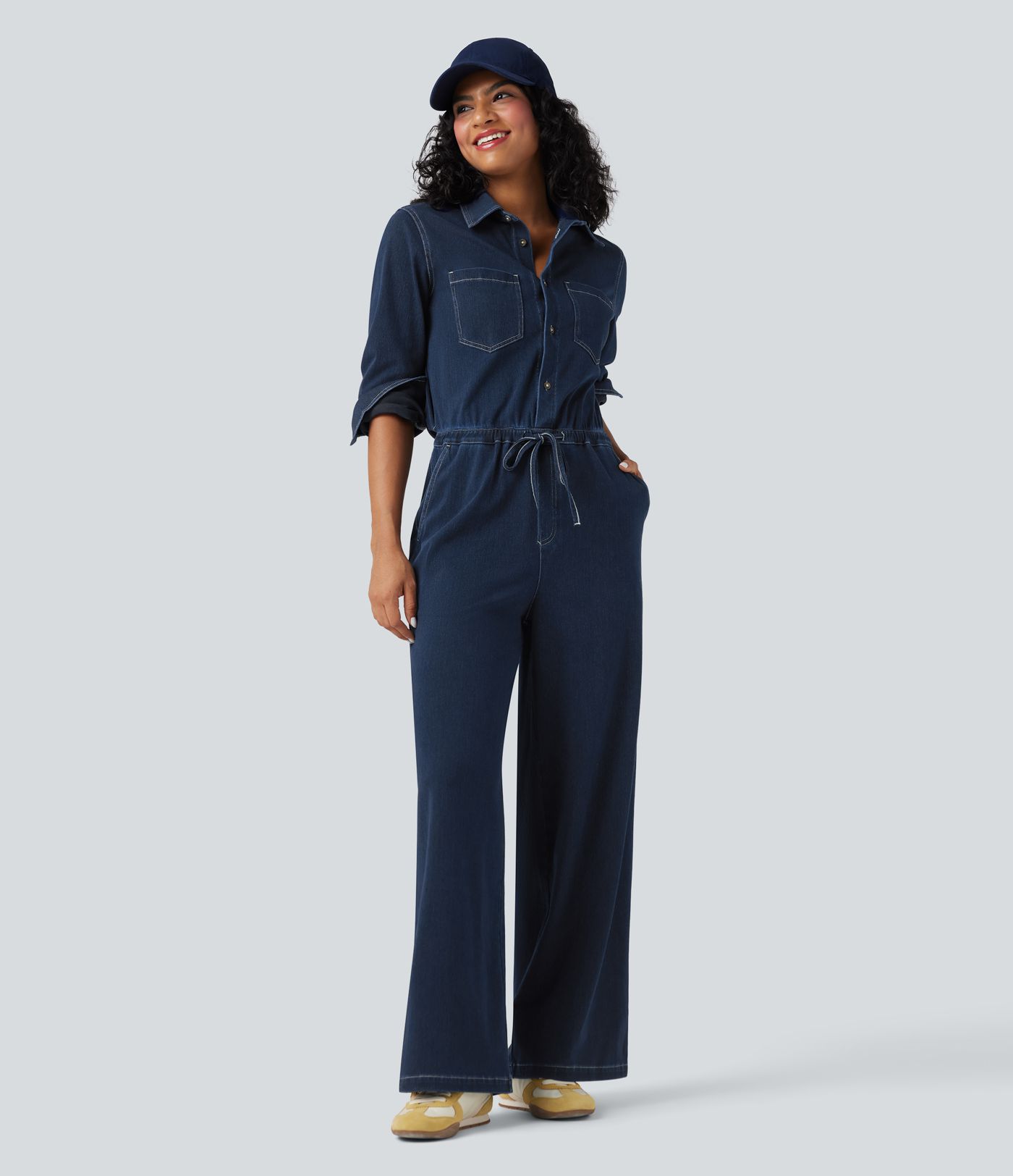 Halara Flex™ - Lässiger Jumpsuit aus gewaschenem Denim mit mehreren Taschen, Kordelzug und weitem Bein - Easy Peezy Edition