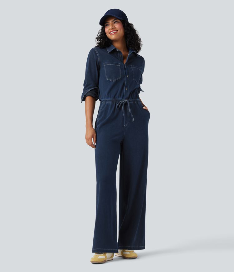 Halara Flex™ - Lässiger Jumpsuit aus gewaschenem Denim mit mehreren Taschen, Kordelzug und weitem Bein - Easy Peezy Edition