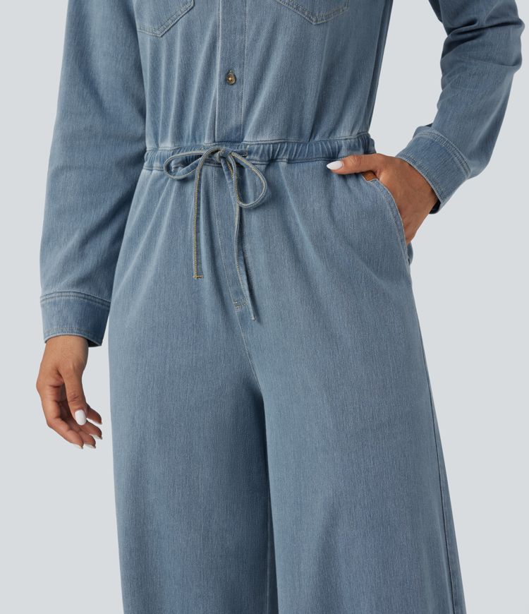 Combinaison denim délavé Halara Flex™ jambes larges manches longues avec cordon de serrage et poches - Édition Easy Peezy