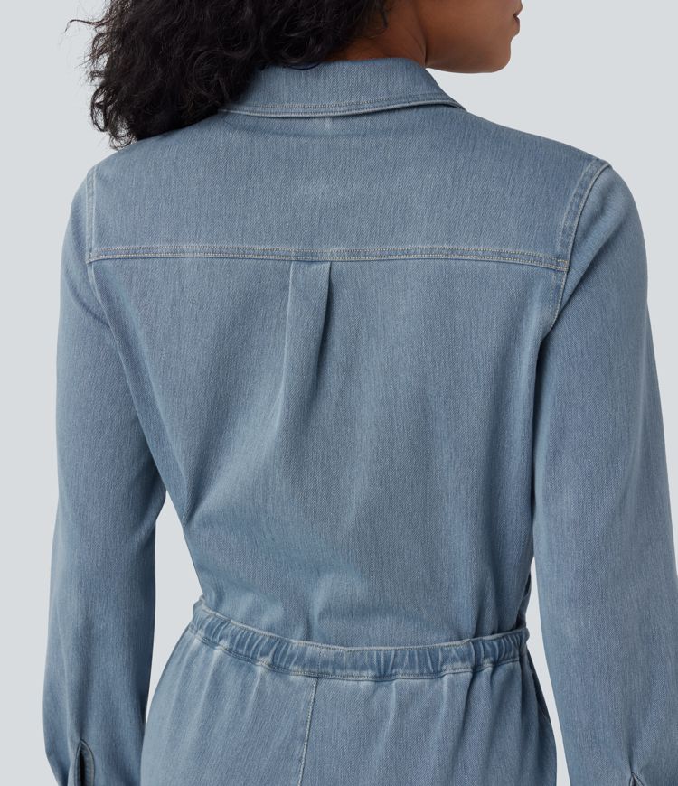 Combinaison denim délavé Halara Flex™ jambes larges manches longues avec cordon de serrage et poches - Édition Easy Peezy
