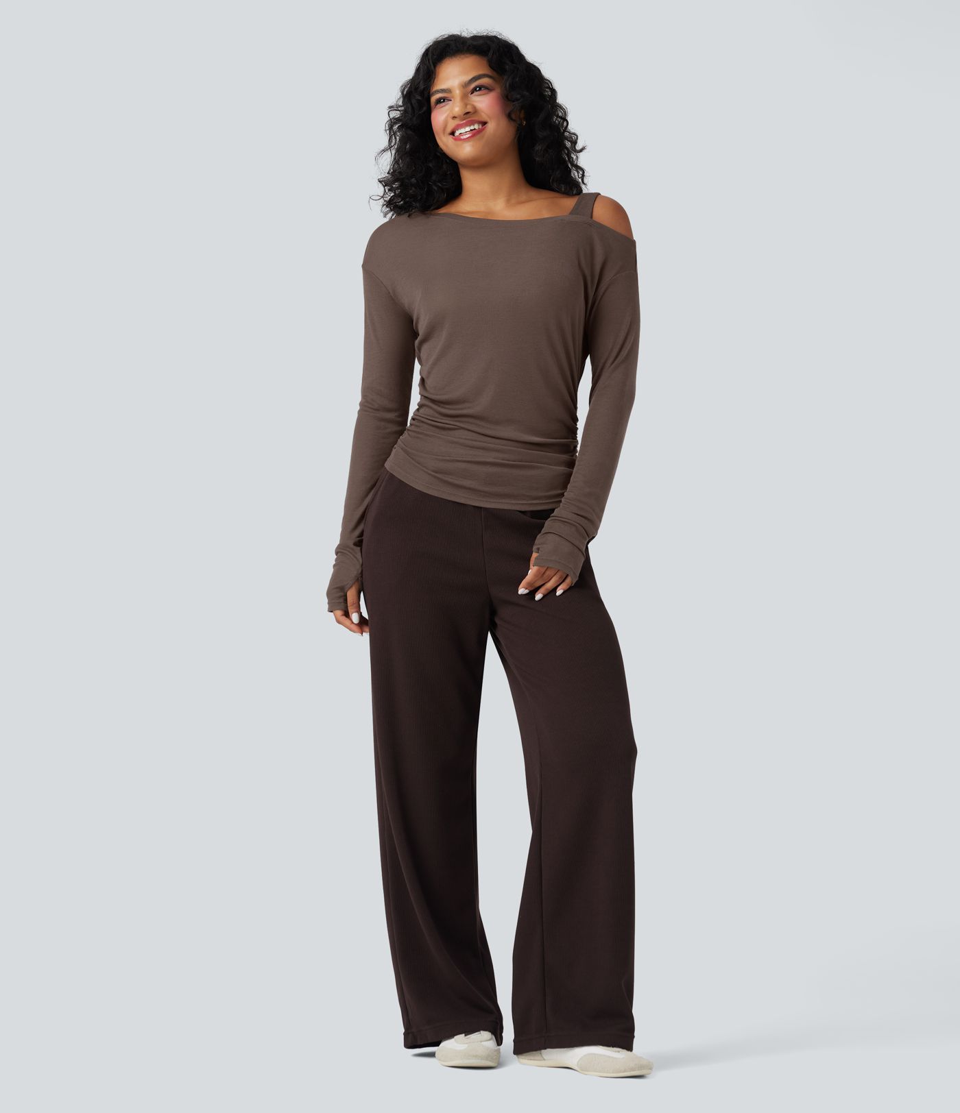 One-Shoulder Long Sleeve Asymmetrical Casual Wool-Blend T-Shirt