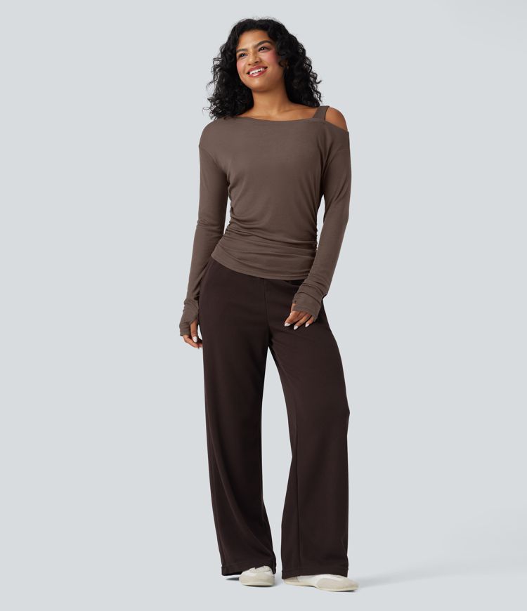 One-Shoulder Long Sleeve Asymmetrical Casual Wool-Blend T-Shirt