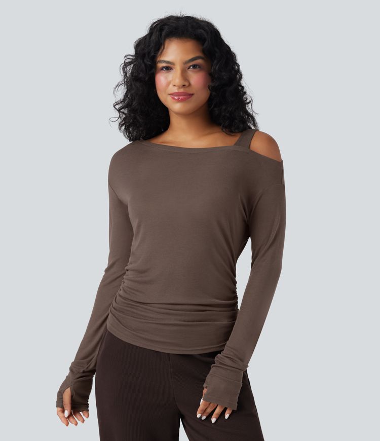 One-Shoulder Long Sleeve Asymmetrical Casual Wool-Blend T-Shirt