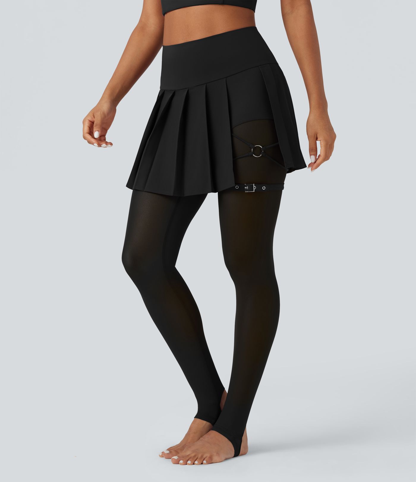 Breezeful™ High Waisted Pleated 2-in-1 Contrast Mesh Quick Dry Dance Stirrup Skirted Leggings with Pockets