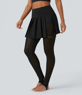 Breezeful™ High Waisted Pleated 2-in-1 Contrast Mesh Quick Dry Dance Stirrup Skirted Leggings with Pockets