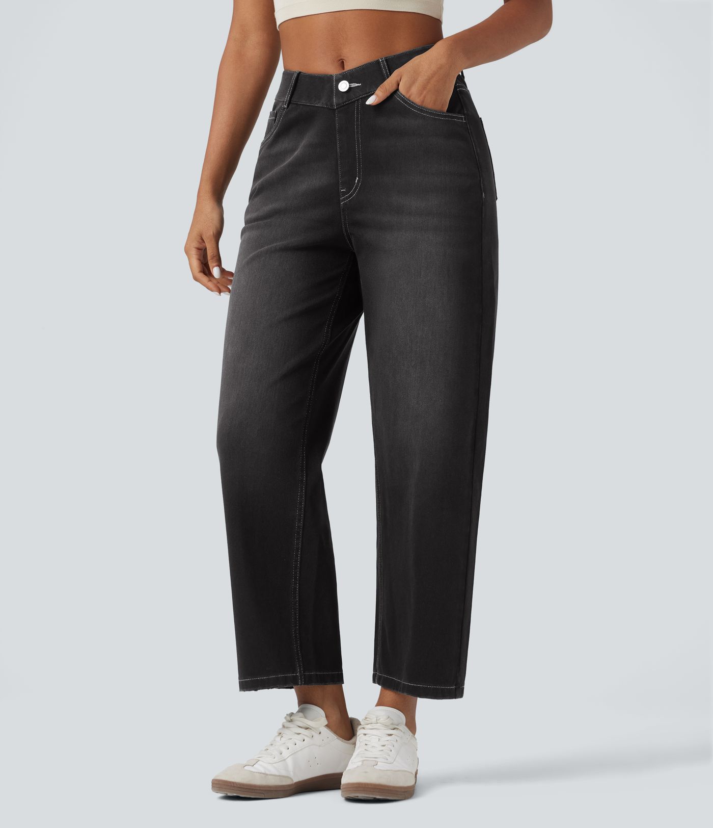 Halara Flex™ High Waisted V-Shaped Casual 7/8 Baggy Jeans with Pockets Halara Flex™ High Waisted V-Shaped Casual 7/8 Baggy Jeans with Pockets