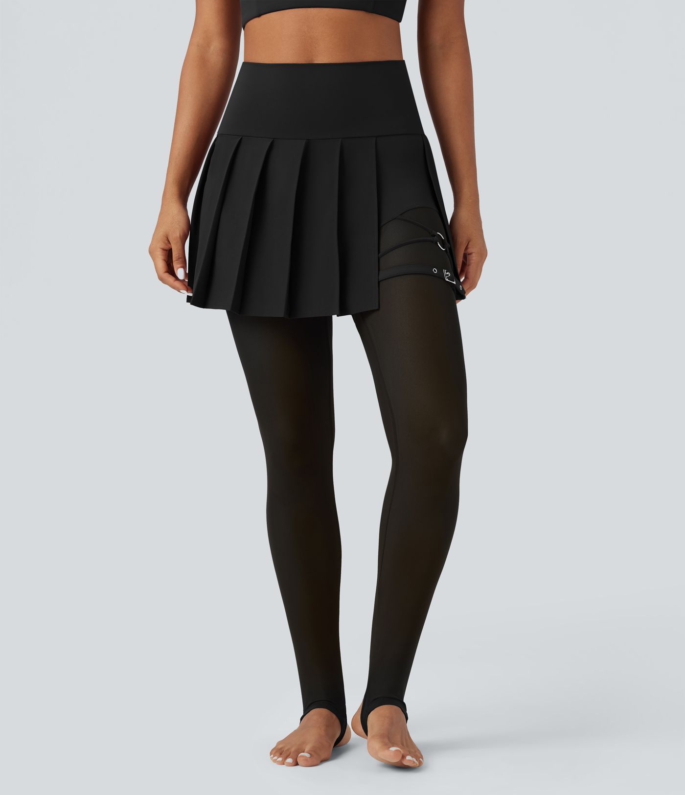 Breezeful™ High Waisted Pleated 2-in-1 Contrast Mesh Quick Dry Dance Stirrup Skirted Leggings with Pockets