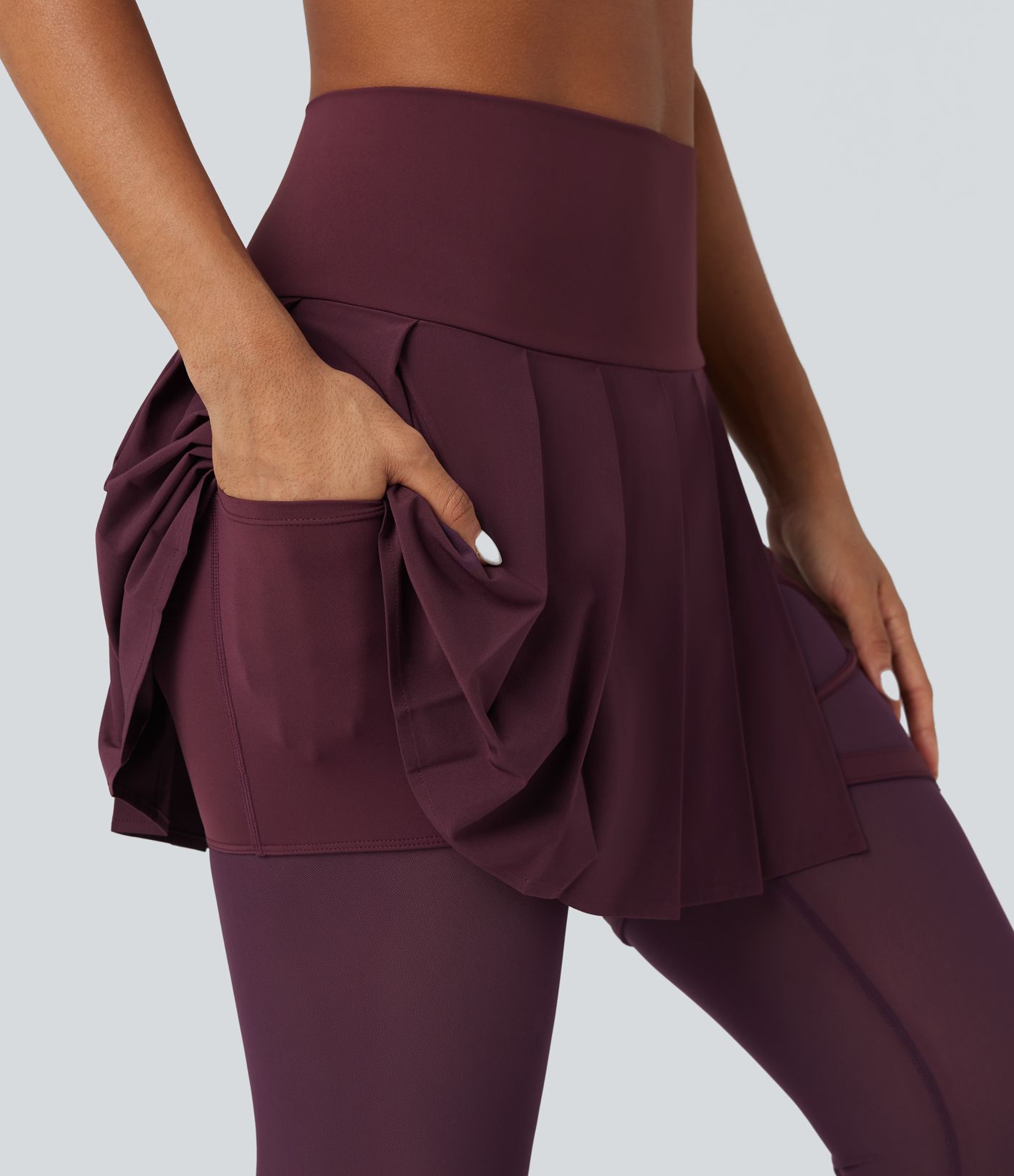 Breezeful™ High Waisted Pleated 2-in-1 Contrast Mesh Quick Dry Dance Stirrup Skirted Leggings with Pockets