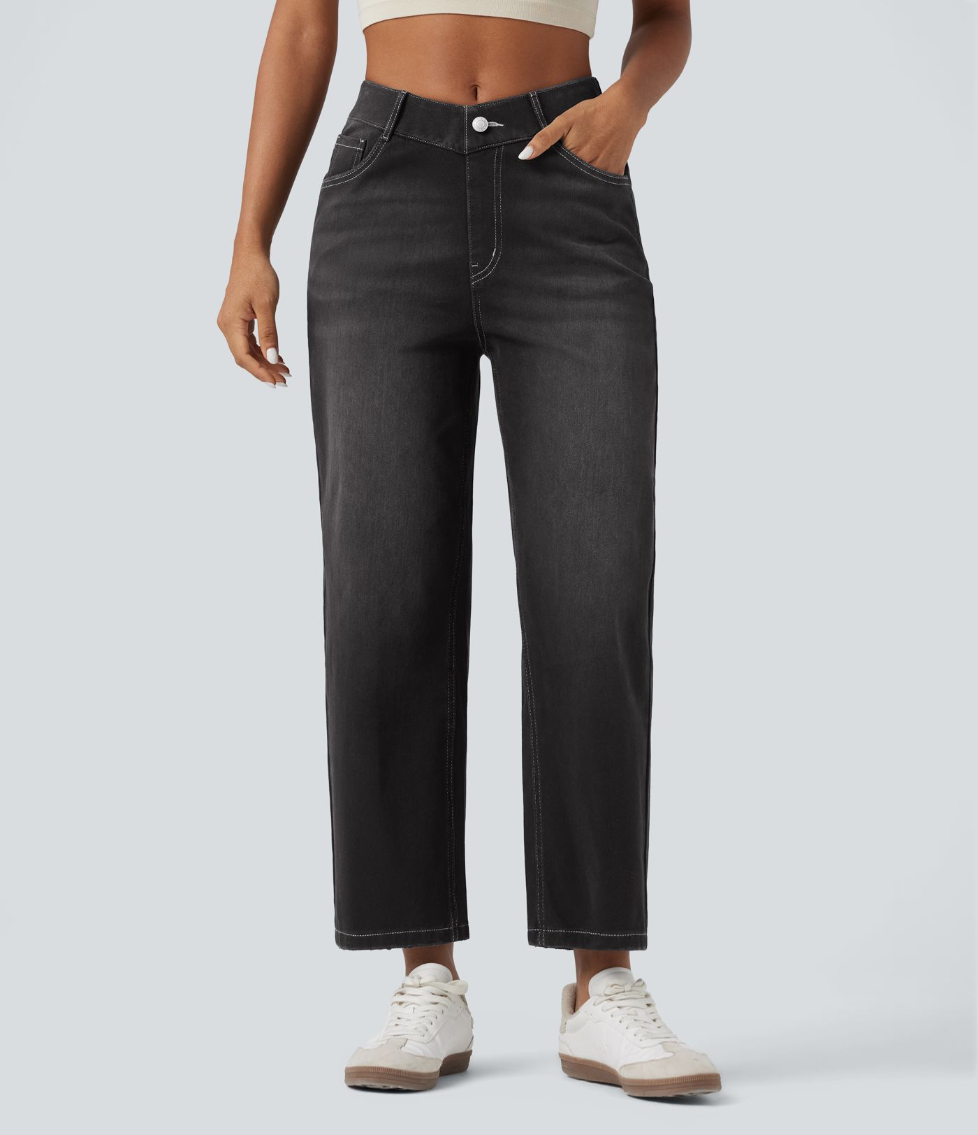 Halara Flex™ High Waisted V-Shaped Casual 7/8 Baggy Jeans with Pockets Halara Flex™ High Waisted V-Shaped Casual 7/8 Baggy Jeans with Pockets
