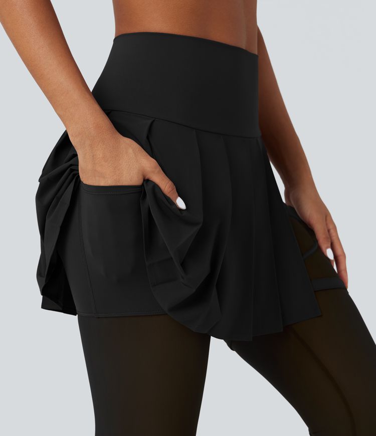 Breezeful™ High Waisted Pleated 2-in-1 Contrast Mesh Quick Dry Dance Stirrup Skirted Leggings with Pockets