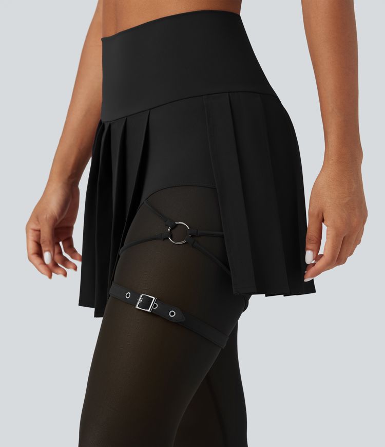 Breezeful™ High Waisted Pleated 2-in-1 Contrast Mesh Quick Dry Dance Stirrup Skirted Leggings with Pockets