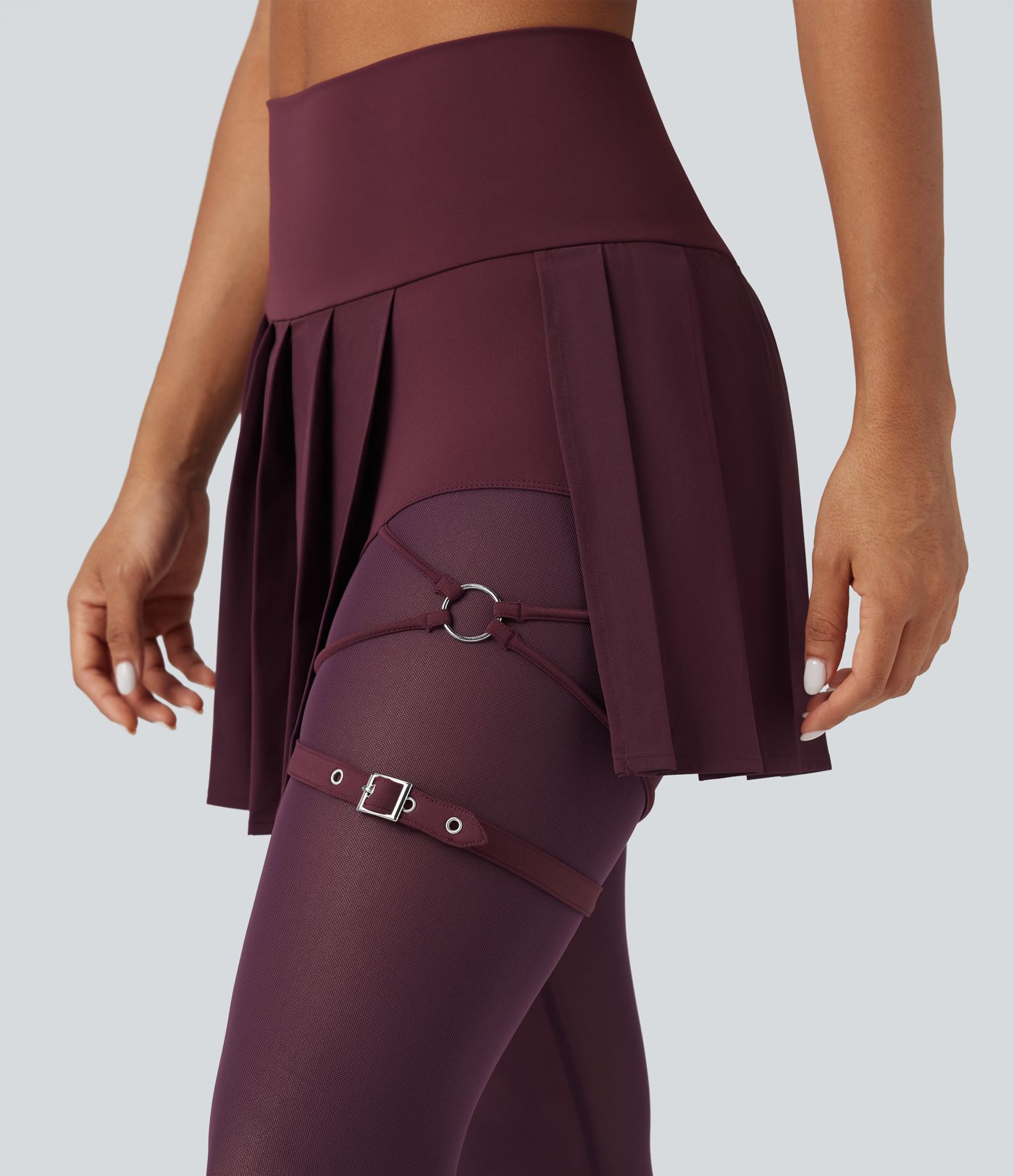 Breezeful™ High Waisted Pleated 2-in-1 Contrast Mesh Quick Dry Dance Stirrup Skirted Leggings with Pockets