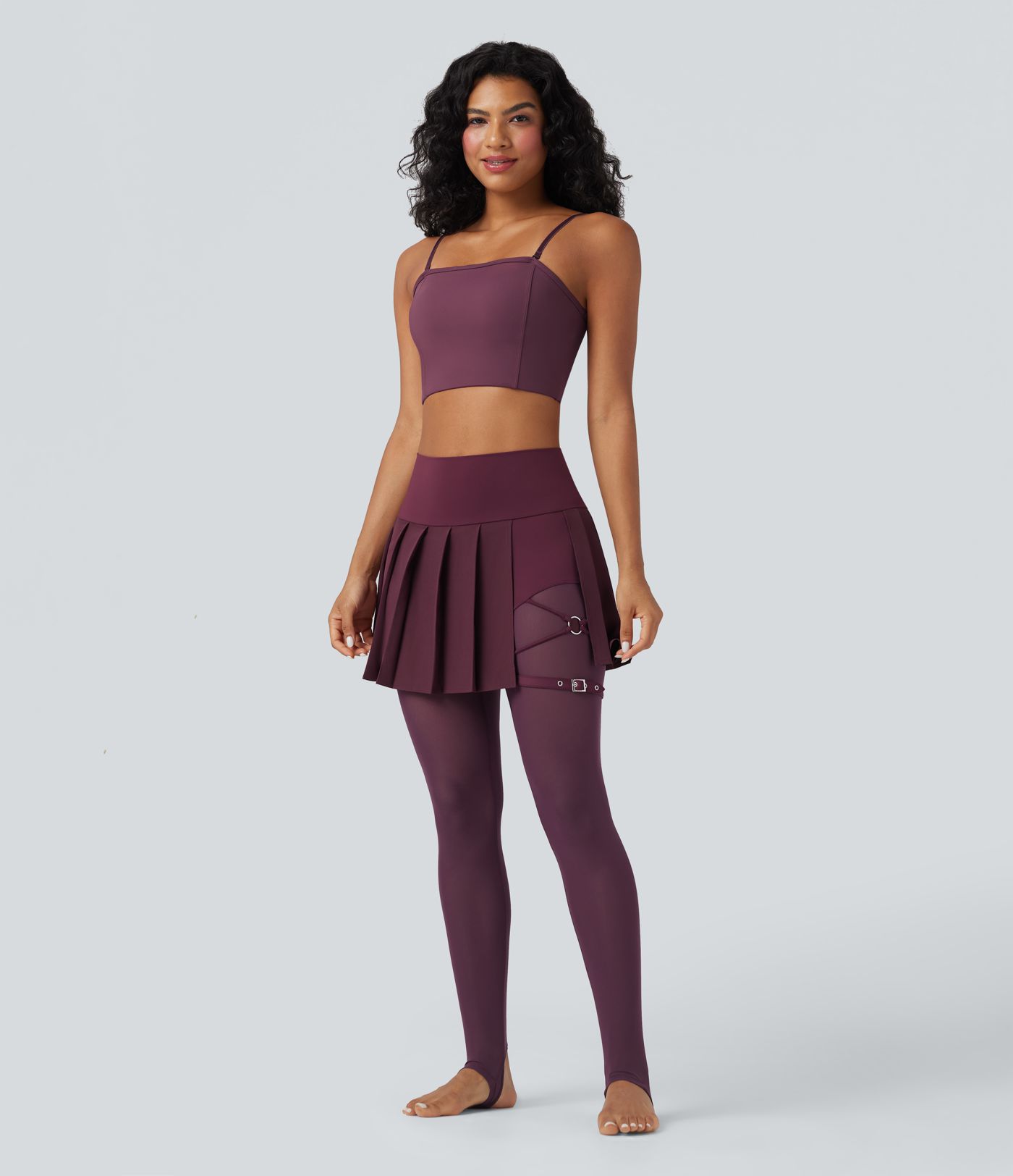 Breezeful™ High Waisted Pleated 2-in-1 Contrast Mesh Quick Dry Dance Stirrup Skirted Leggings with Pockets