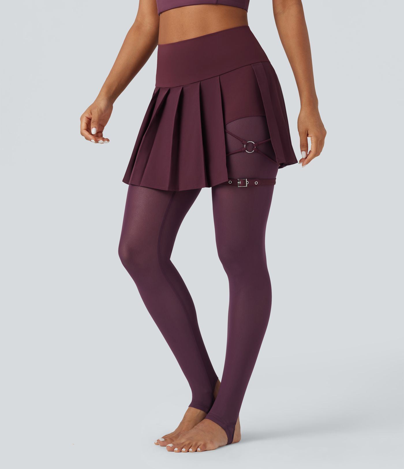 Breezeful™ High Waisted Pleated 2-in-1 Contrast Mesh Quick Dry Dance Stirrup Skirted Leggings with Pockets