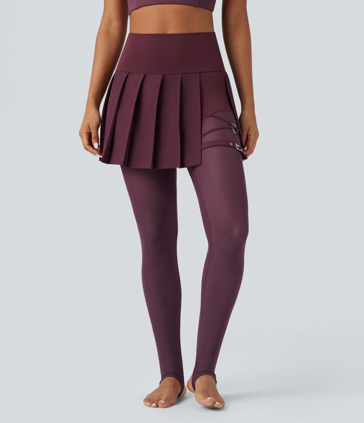 Breezeful™ High-Waist, plissierte 2-in-1-Rock-Leggings mit kontrastierendem Mesh, schnell trocknend, mit Fußschlaufe und Taschen