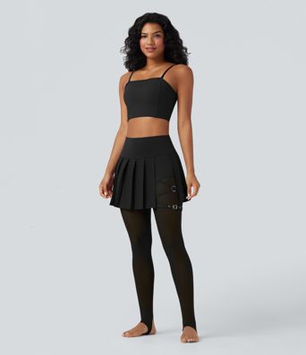 Breezeful™ High Waisted Pleated 2-in-1 Contrast Mesh Quick Dry Dance Stirrup Skirted Leggings with Pockets