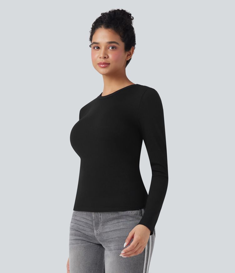 Ribbed Knit Round Neck Long Sleeve Casual Top
