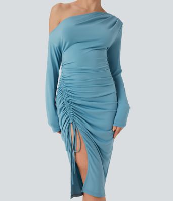 Midi Bodycon Jurk met Eén Schouder, Lange Mouw, Gerimpeld en Split