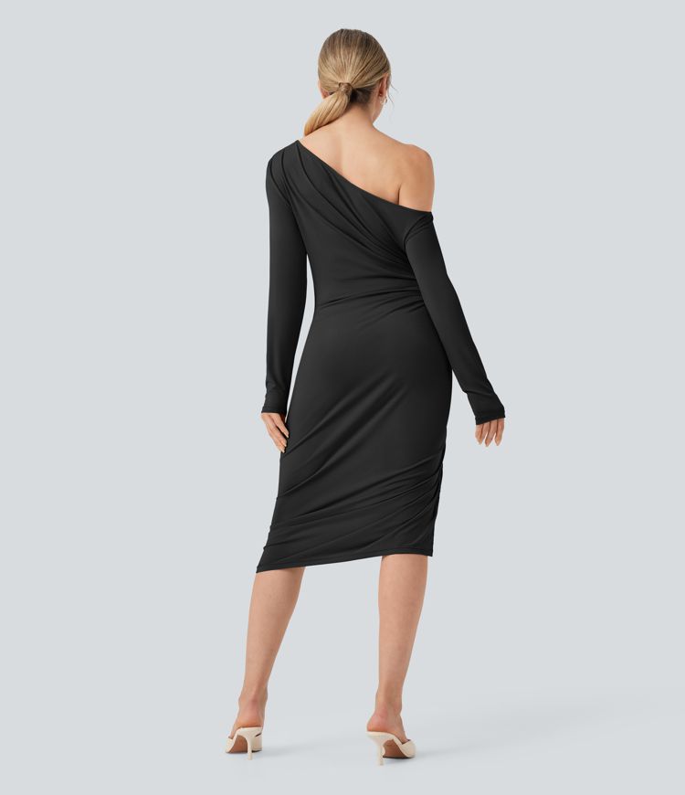 Robe moulante mi-longue une épaule manches longues froncée avec fente