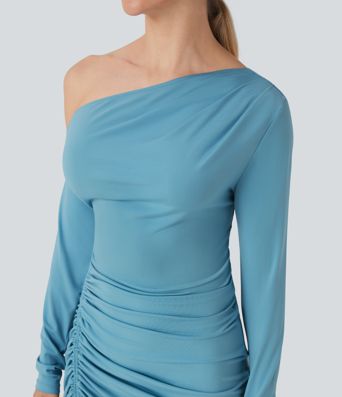 Midi Bodycon Jurk met Eén Schouder, Lange Mouw, Gerimpeld en Split