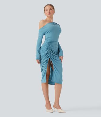 Midi Bodycon Jurk met Eén Schouder, Lange Mouw, Gerimpeld en Split