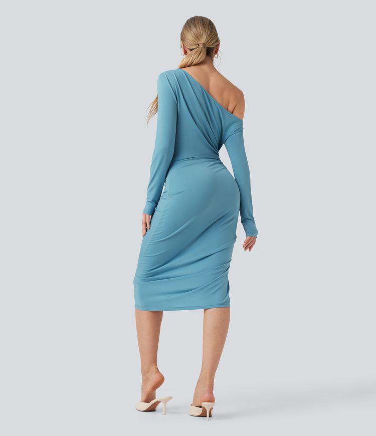 Midi Bodycon Jurk met Eén Schouder, Lange Mouw, Gerimpeld en Split