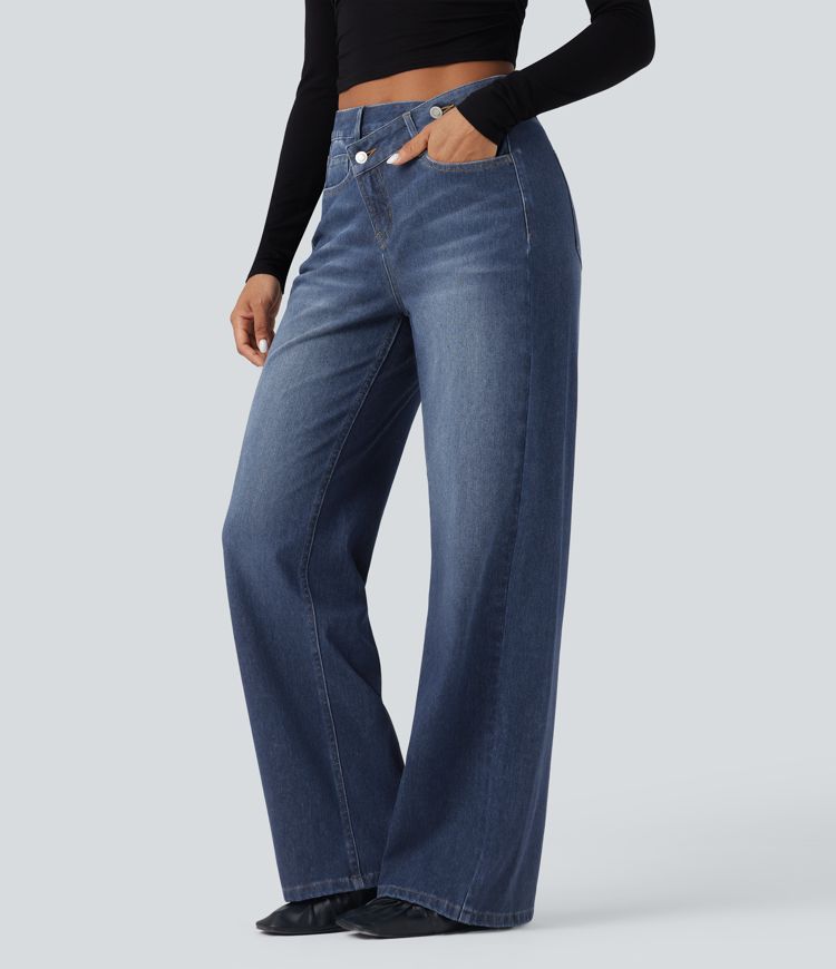Halara Flex™ Asymmetric High Waisted Washed Casual Baggy Jeans with Pockets