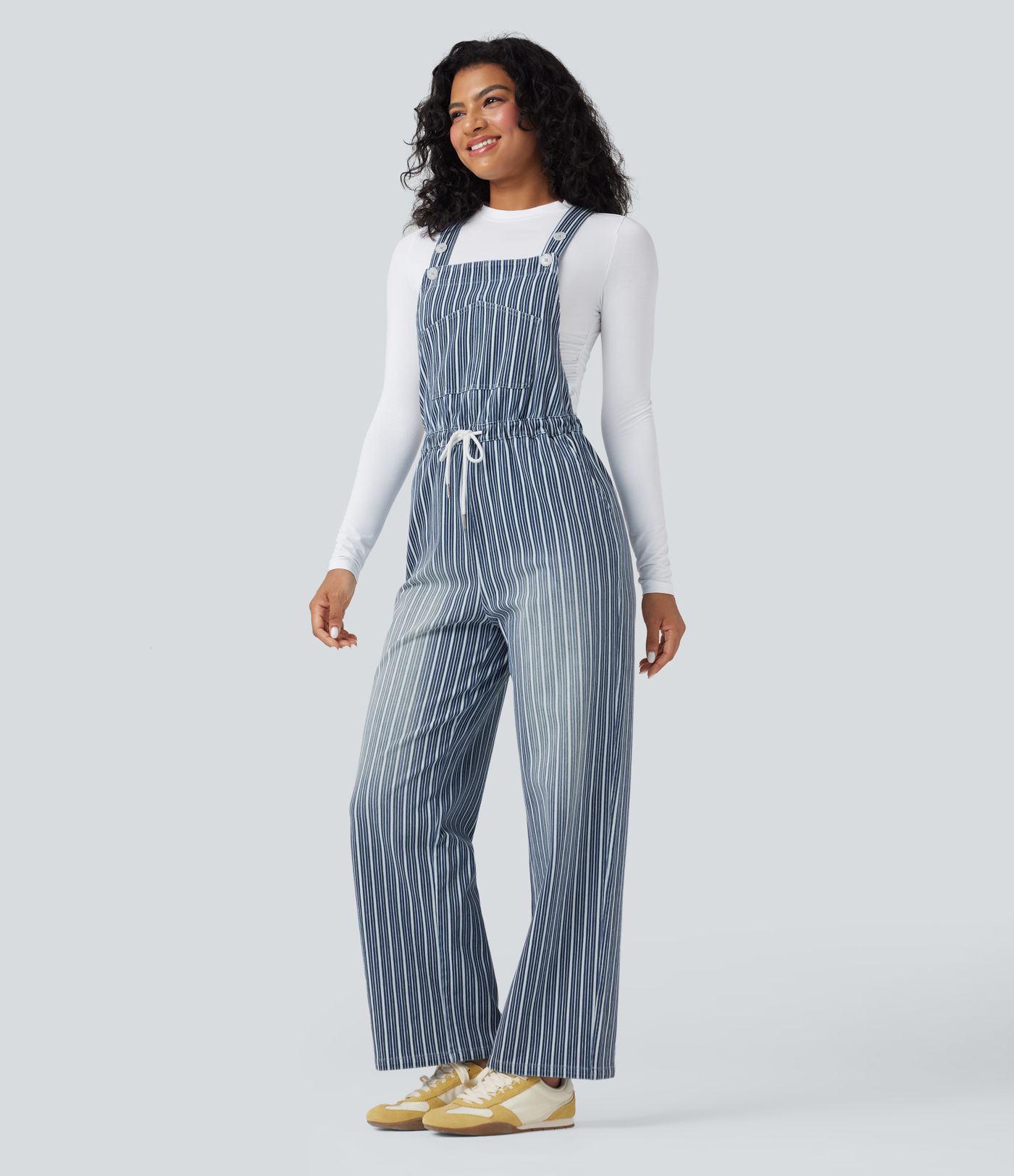 Salopette en denim décontractée droite à rayures Halara Flex™ avec cordon et poches