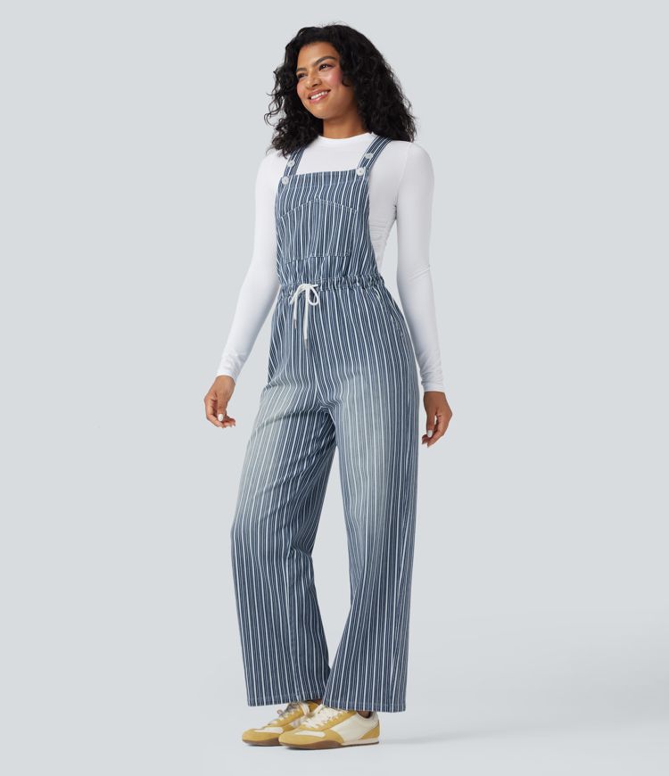 Salopette en denim décontractée droite à rayures Halara Flex™ avec cordon et poches