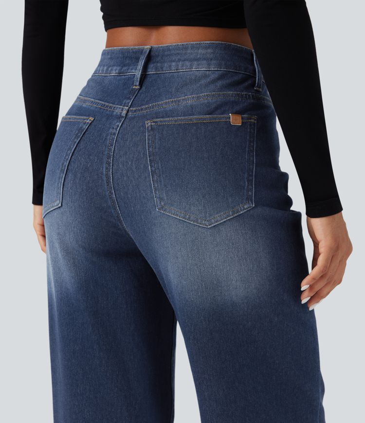 Halara Flex™ Asymmetric High Waisted Washed Casual Baggy Jeans with Pockets