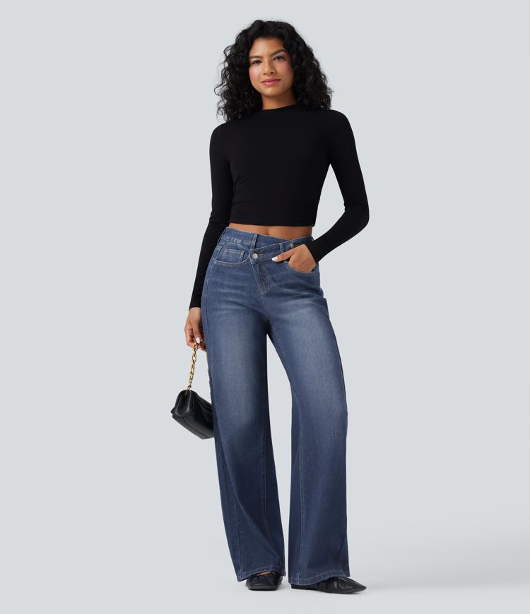 Halara Flex™ Asymmetric High Waisted Washed Casual Baggy Jeans with Pockets