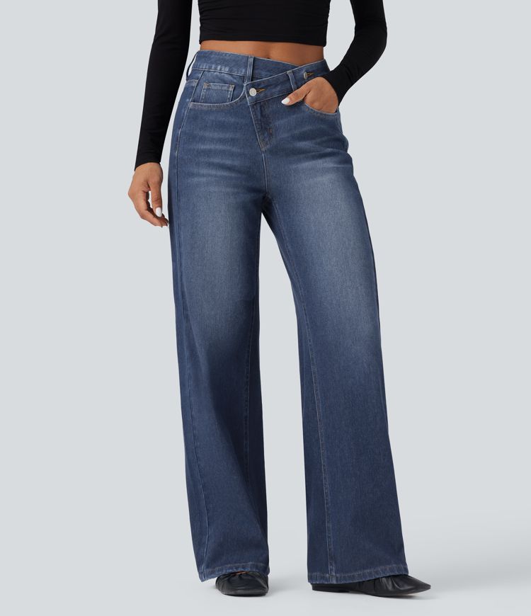 Halara Flex™ Asymmetric High Waisted Washed Casual Baggy Jeans with Pockets