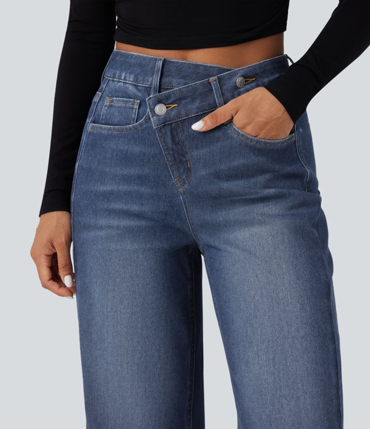 Halara Flex™ Asymmetric High Waisted Washed Casual Baggy Jeans with Pockets