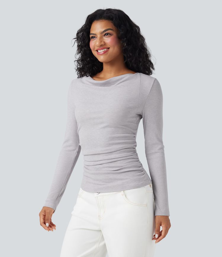 Lilac Cream Gerippter Strick-Rollkragenpullover mit langen Ärmeln und geraffter Passform für lässige Anlässe / 1