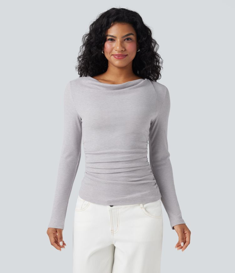 Ribbed Knit Cowl Neck Long Sleeve Ruched Casual Top