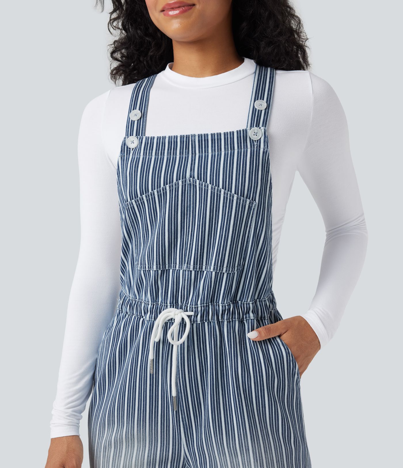 Salopette en denim décontractée droite à rayures Halara Flex™ avec cordon et poches