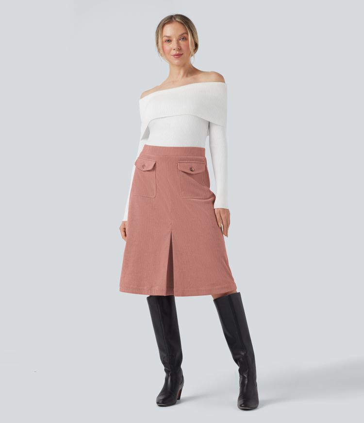 Mid Rise Front Side Flap Pocket Midi Corduroy Casual Skirt