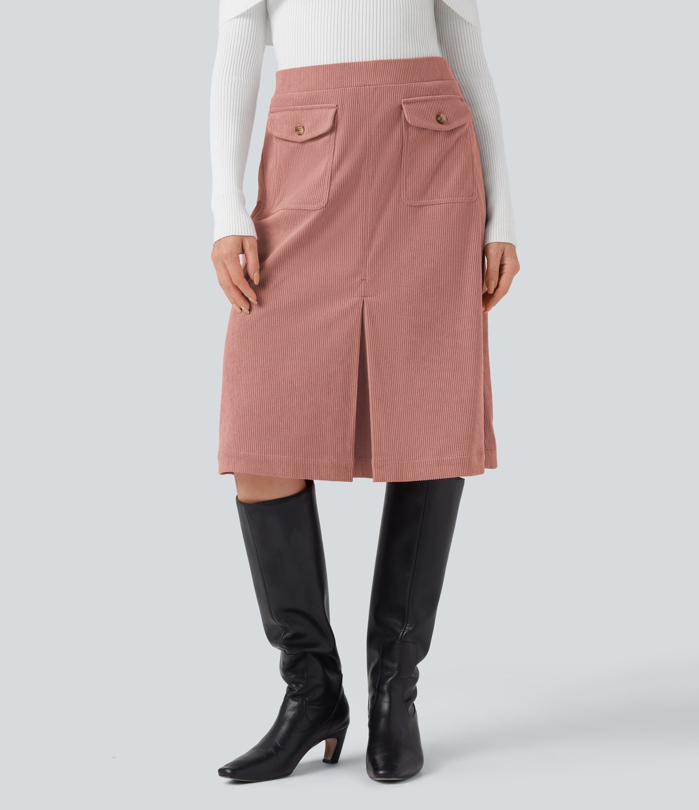 Mid Rise Front Side Flap Pocket Midi Corduroy Casual Skirt