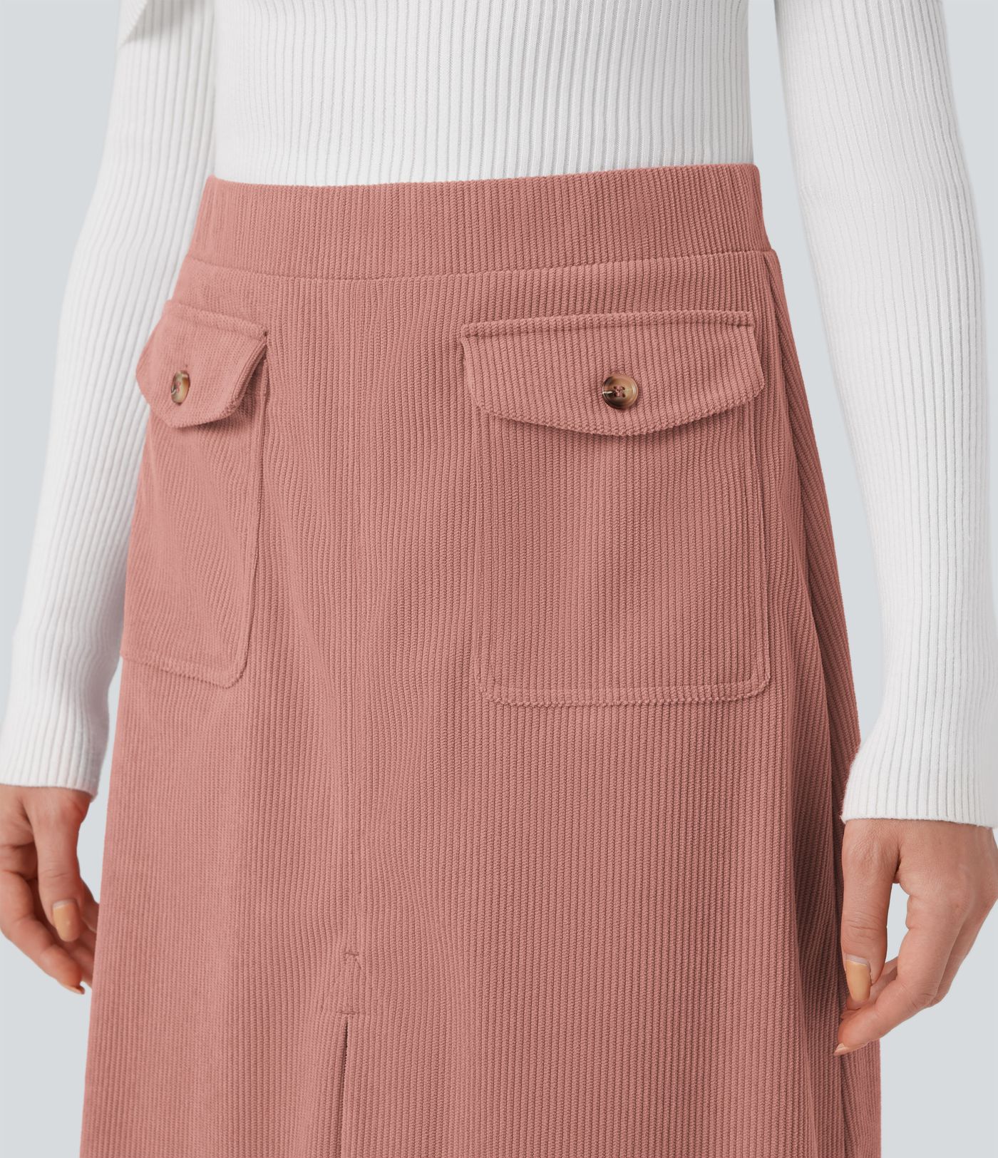 Mid Rise Front Side Flap Pocket Midi Corduroy Casual Skirt