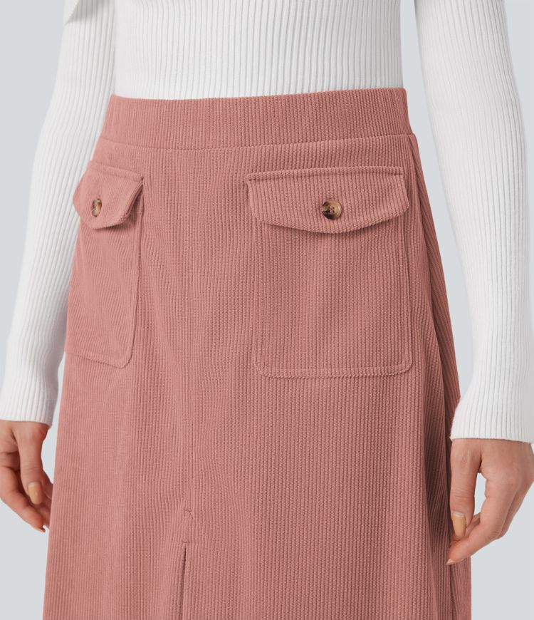 Mid Rise Front Side Flap Pocket Midi Corduroy Casual Skirt