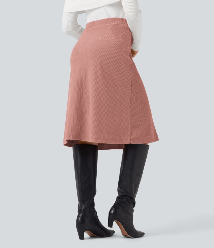 Mid Rise Front Side Flap Pocket Midi Corduroy Casual Skirt